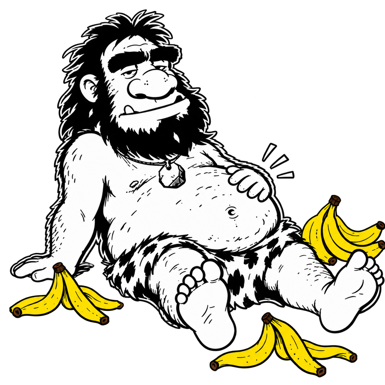 A satisfied caveman surrounded by banana peels