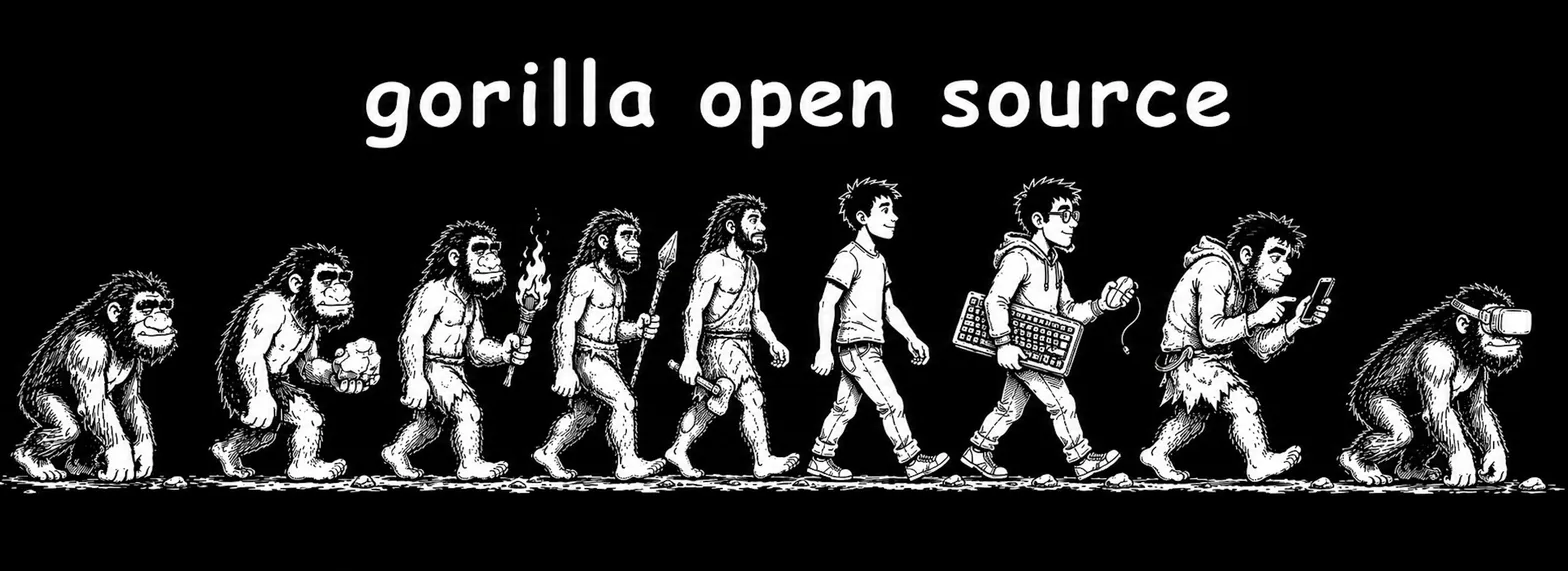 Evolution strip: gorilla, cavemen with rock, fire and spear, a modern human, a human carrying a keyboard, a caveman staring at a phone, and finally a gorilla wearing a VR headset.