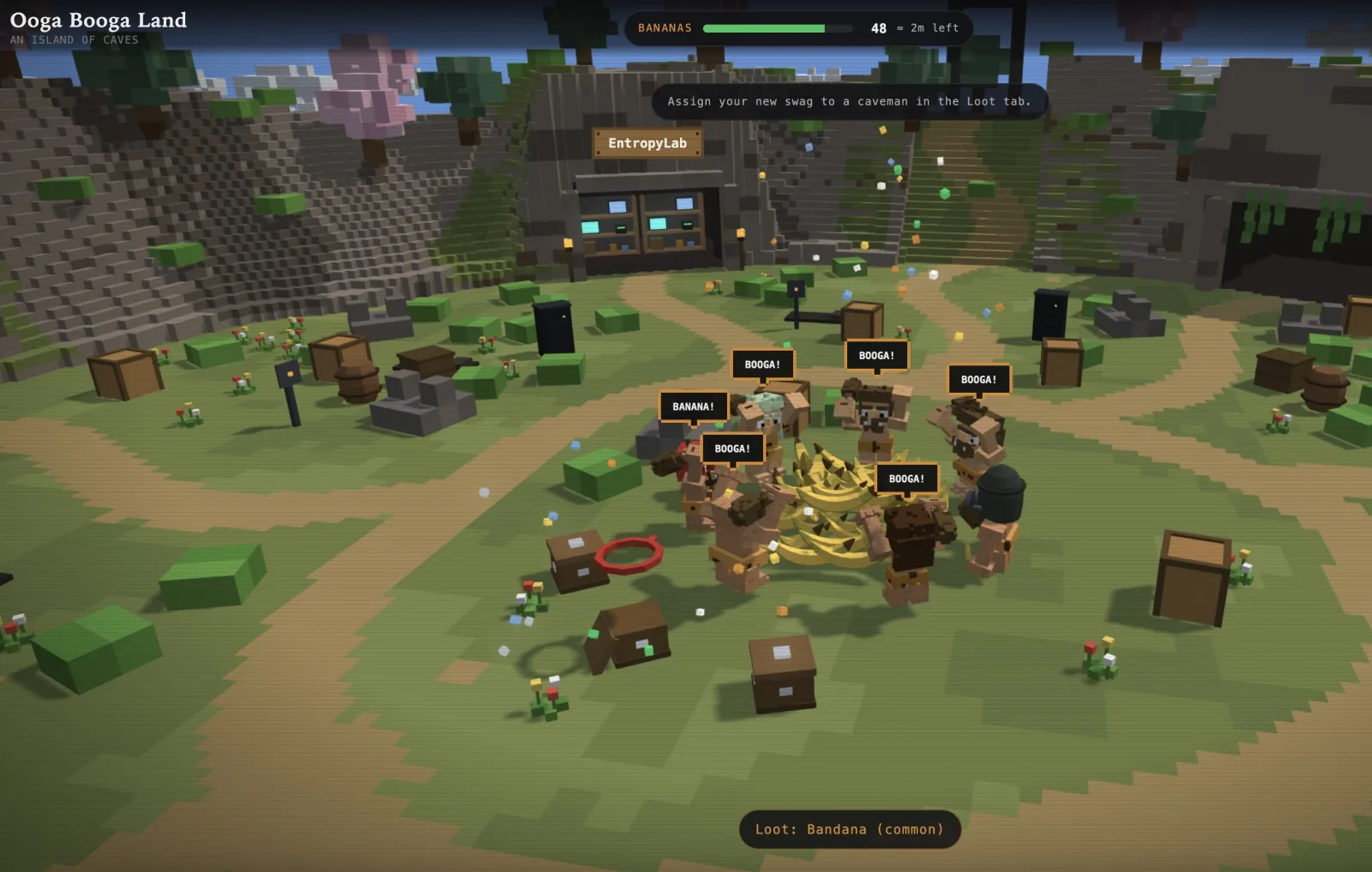 Screenshot of Ooga Booga Land, an island of caves: a voxel arena where blocky cavemen crowd around a pile of bananas shouting BOOGA! and BANANA!, with a bananas bar at the top, an EntropyLab sign in the world, and a loot toast at the bottom.